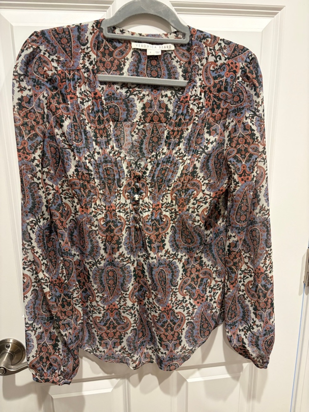 Veronica Beard Paisley V-Neck Long Sleeve Blouse - Cream, Blue, Brown